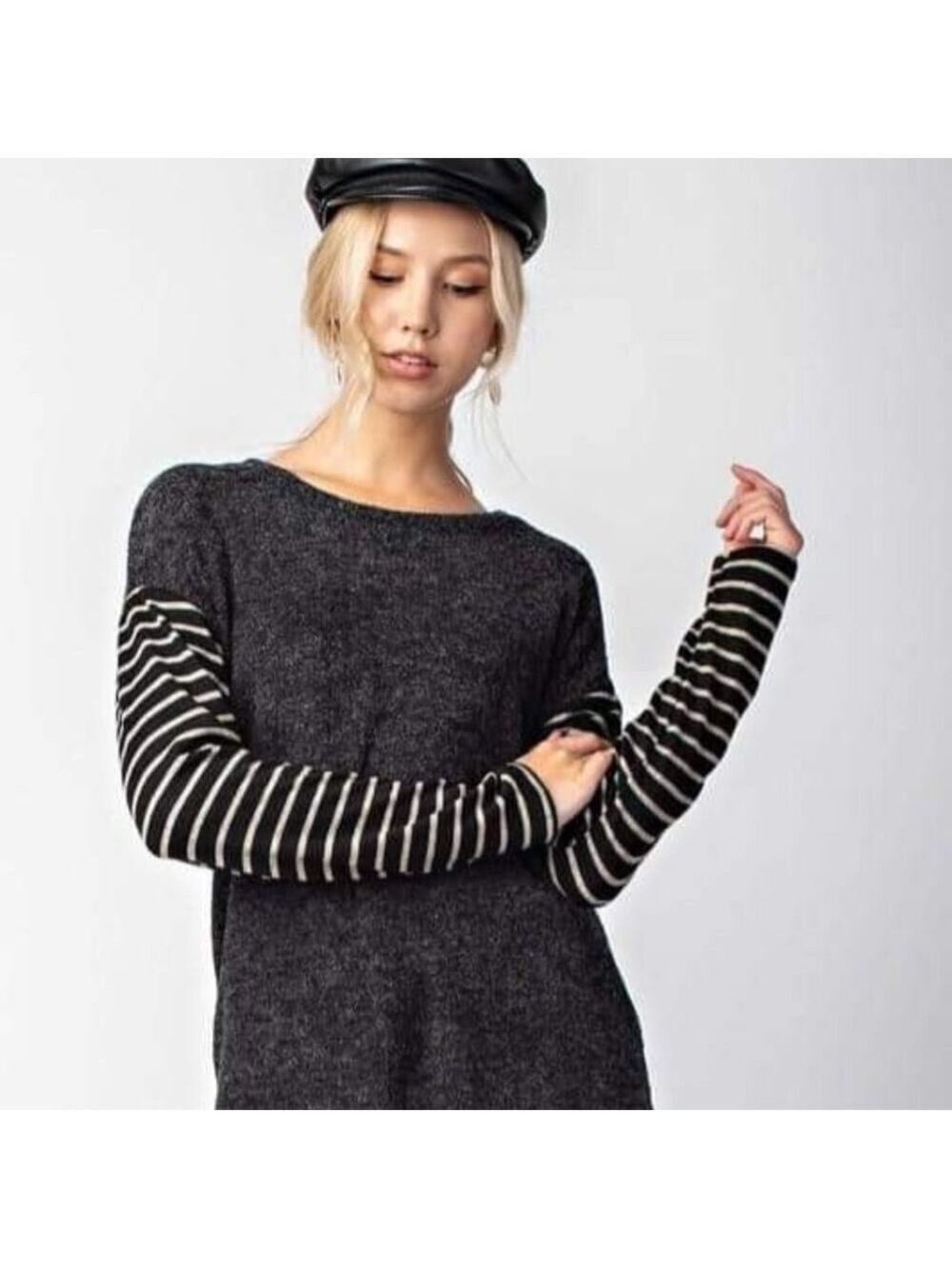 12 PM BY MON AMI TERRY Cloth Top with striped miru sleeves Size Large NWT